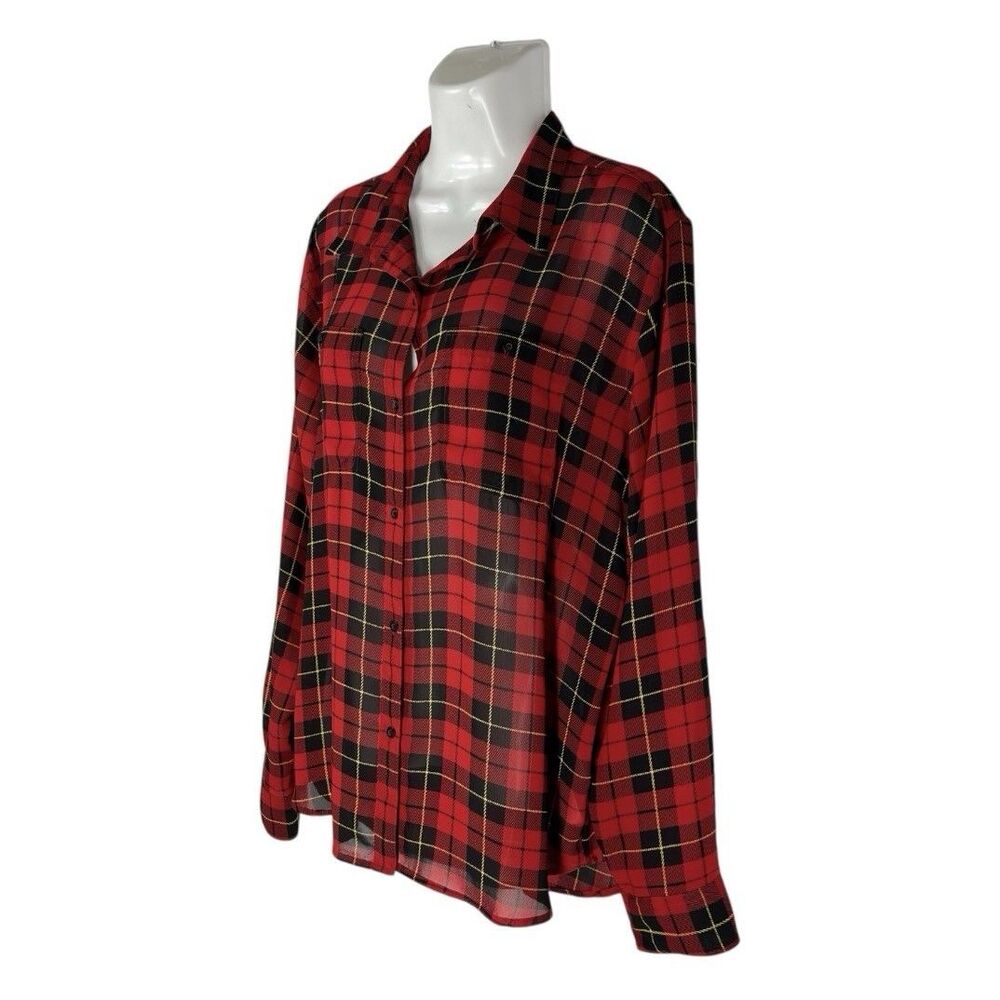 Chaps Sheer Blouse  XL Red Black Plaid Button Up Shirt Long Sleeve Top Casual